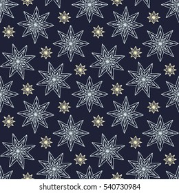 Seamless pattern with ornaments of stars, crocheted lace items, knit blanket, handmade made with love