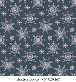 Seamless pattern with ornaments of stars, crocheted lace items, knit blanket, handmade made with love