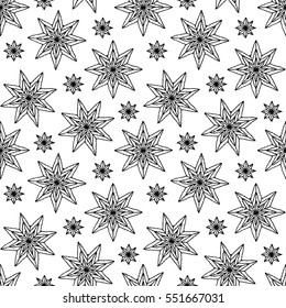 Seamless pattern with ornaments of stars, crocheted lace items, knit blanket, handmade made with love