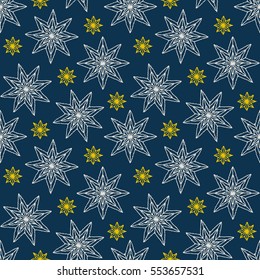 Seamless pattern with ornaments of stars, crocheted lace items, knit blanket, handmade made with love