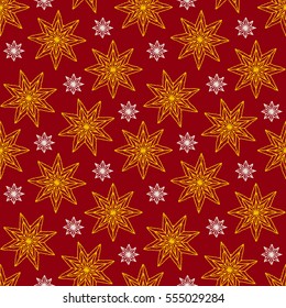 Seamless pattern with ornaments of stars, crocheted lace items, knit blanket, handmade made with love
