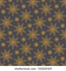 Seamless pattern with ornaments of stars, crocheted lace items, knit blanket, handmade made with love