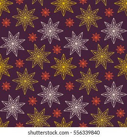 Seamless pattern with ornaments of stars, crocheted lace items, knit blanket, handmade made with love