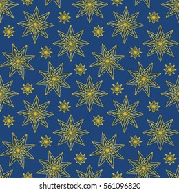 Seamless pattern with ornaments of stars, crocheted lace items, knit blanket, handmade made with love