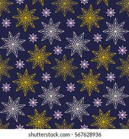 Seamless pattern with ornaments of stars, crocheted lace items, knit blanket, handmade made with love