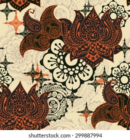 Seamless pattern with ornaments in the style of Indian mehendi. Lotus and Butt on a light background.