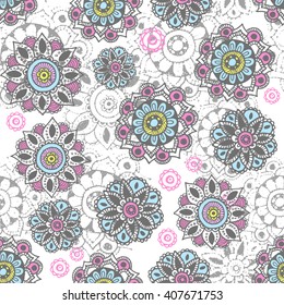 Seamless pattern with ornaments. Vintage decorative elements. Hand drawn background. Islam, Arabic, Indian, ottoman motifs. Wallpaper with flowers, for girls