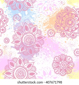 Seamless pattern with ornaments. Vintage decorative elements. Hand drawn background. Islam, Arabic, Indian, ottoman motifs. Wallpaper with flowers, for girls