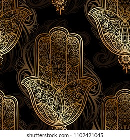 Seamless pattern from ornate amulet Hamsa Hand of Fatima. Ethnic amulet common in Indian, Arabic and Jewish cultures.