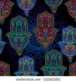 Seamless pattern from ornate amulet Hamsa Hand of Fatima. Ethnic amulet common in Indian, Arabic and Jewish cultures.