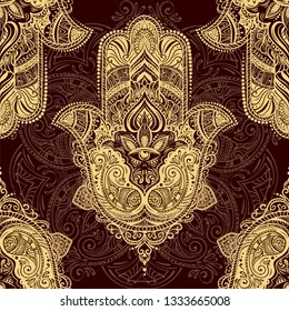 Seamless pattern -Ornate amulet Hamsa Hand of Fatima. Ethnic amulet common in Indian, Arabic and Jewish cultures. Bohho style