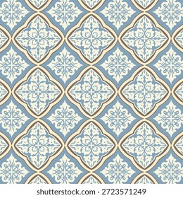 Un patrón sin fisuras de adornadas Formas de diamantes azules y blancos con diseños florales