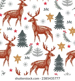 Seamless pattern with ornate deers with christmas trees and snowflakes. White holiday elements on a red background. Vector illustration. Winter background. For greeting cards, print, design, fabric