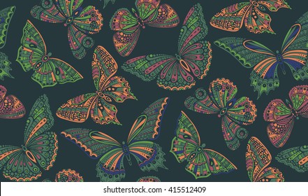 Seamless pattern with  ornate doodle hand drawn butterflies. Beautiful colorful vector background.
