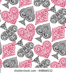 Seamless pattern with ornate doodle hand drawn playing card suits. Beautiful black and white vector background.