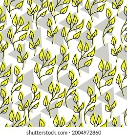 Seamless pattern of ornate doodle leaves in yellow color and gray triangles on a white background vector illustration