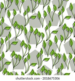 Seamless pattern of ornate doodle leaves of green color and gray pentagons on a white background vector illustration