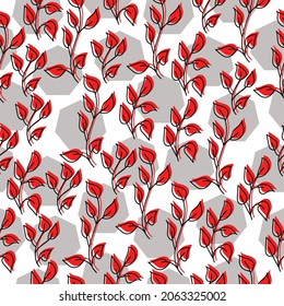 Patrón sin fisuras de hojas de doodle ornamentadas en heptágonos rojos y grises sobre una ilustración vectorial de fondo negro