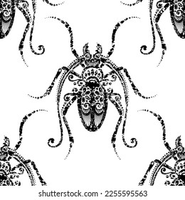 Seamless Pattern with Ornate Exotic Beetles. Decorative Endless Texture. Vintage Stamp Stylization. Vector Illustration. Black and White Design