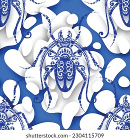 Patrón sin foco con escarabajos exóticos orgánicos. Textura interminable decorativa. Estilización de sello vintage con manchas abstractas. Diseño decorativo para impresiones, tejidos, tapices, etc. Ilustración vectorial 3d