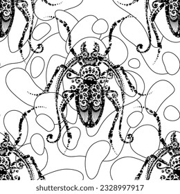 Seamless Pattern with Ornate Exotic Beetles. Decorative Endless Texture. Vintage Stamp Stylization with Abstract Stains. Vector Contour Illustration. Coloring Book Page
