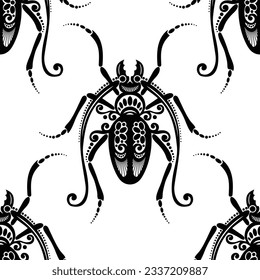Patrón sin foco con escarabajos exóticos orgánicos. Textura interminable decorativa. Ilustración vectorial. Diseño en blanco y negro