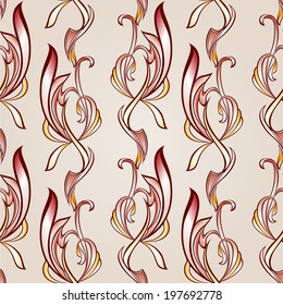 Seamless pattern with ornate florid elements in burgundy, pink and yellow shades on pastel rose pink background