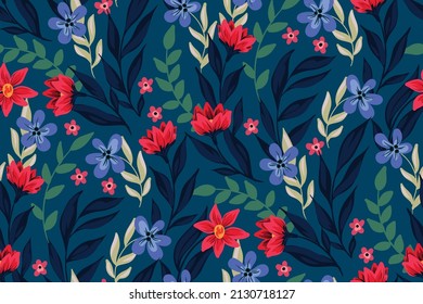 Seamless pattern with ornate flower meadow. Summer floral print with red flowers, small flowers, leaves, herbs, twigs on a blue field. Colorful botanical background with hand drawn plants. Vector.