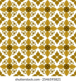 A seamless pattern of ornate, gold floral motifs on a white background. The design features stylized flowers and leaves in a symmetrical arrangement.