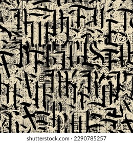 Seamless pattern of ornate Gothic letters. Monochrome repeating background with ancient Latin letters scratched, dirty backdrop. Vector texture, Wallpaper, wrapping paper or fabric in vintage style