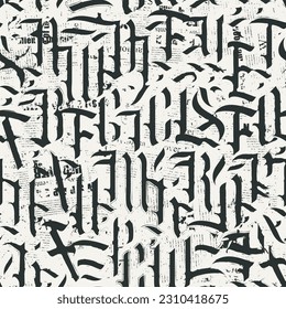 Seamless pattern of ornate Gothic letters against the background of scraps piece of newspapers and magazines. Monochrome repeating texture with ancient Latin letters scratched, dirty backdrop