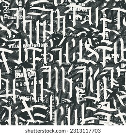 Seamless pattern of ornate Gothic letters against the background of scraps piece of newspapers and magazines. Monochrome repeating texture with ancient Latin letters scratched, dirty backdrop