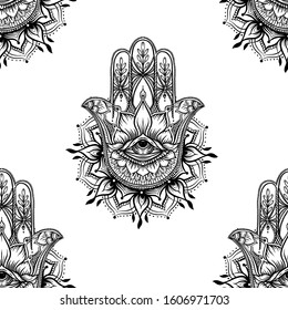 Seamless pattern with ornate hand drawn hamsa. Popular Arabic and Jewish amulet. Vector illustration. Outline vector illustration, isolated on white background.