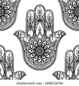 Seamless pattern with ornate hand drawn hamsa. Popular Arabic and Jewish amulet. Vector illustration. Outline vector illustration, isolated on white background.