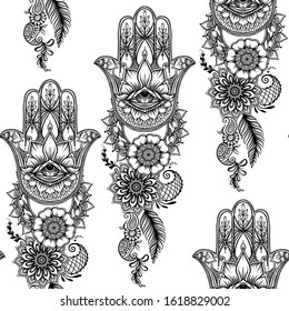 Seamless pattern with ornate hand drawn hamsa. Popular Arabic and Jewish amulet. Vector illustration. Outline vector illustration, isolated on white background.