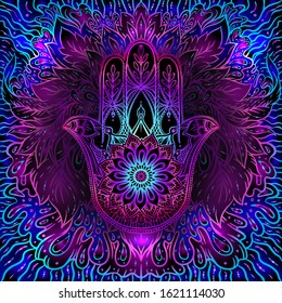 Seamless pattern with ornate hand drawn hamsa. Popular Arabic and Jewish amulet. Vector illustration. Vector illustration in neon, fluorescent colors.