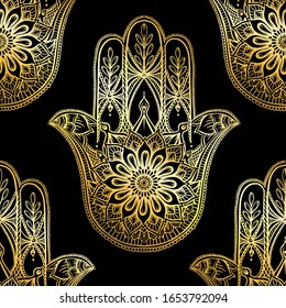 Seamless pattern with ornate hand drawn hamsa. Popular Arabic and Jewish amulet. Vector illustration. Vector illustration in gold and black.