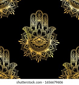 Seamless pattern with ornate hand drawn hamsa. Popular Arabic and Jewish amulet. Vector illustration. Vector illustration in gold and black.