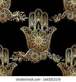 Seamless pattern with ornate hand drawn hamsa. Popular Arabic and Jewish amulet. Vector illustration. Vector illustration in gold and black.