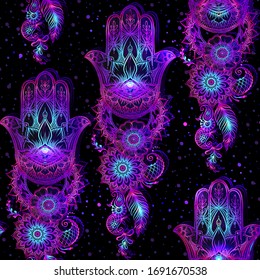 Seamless pattern with ornate hand drawn hamsa. Popular Arabic and Jewish amulet. Vector illustration. Vector illustration in neon, fluorescent colors.