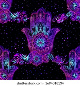 Seamless pattern with ornate hand drawn hamsa. Popular Arabic and Jewish amulet. Vector illustration. Vector illustration in neon, fluorescent colors.