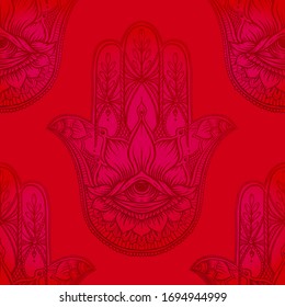 Seamless pattern with ornate hand drawn hamsa. Popular Arabic and Jewish amulet. Vector illustration. Vector illustration in red.