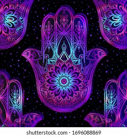 Seamless pattern with ornate hand drawn hamsa. Popular Arabic and Jewish amulet. Vector illustration. Vector illustration in neon, fluorescent colors.