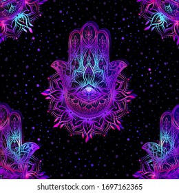 Seamless pattern with ornate hand drawn hamsa. Popular Arabic and Jewish amulet. Vector illustration. Vector illustration in neon, fluorescent colors.