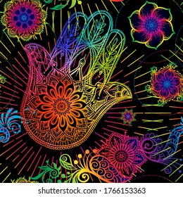 Seamless pattern with ornate hand drawn hamsa. Popular Arabic and Jewish amulet. Vector illustration. Vector illustration in neon, fluorescent colors.