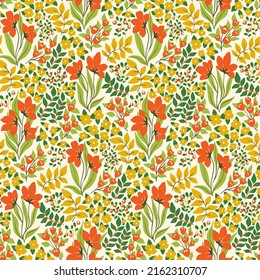 Seamless pattern with ornate hand drawn meadow, decorative field plants in retro style. Old fashioned floral print, original botanical background with wild flowers, herbs, leaves. Vector illustration.