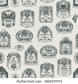 Seamless pattern with ornate hand-drawn wine labels on a light background in vintage style. Repeatable vector background on the wine theme. Suitable for Wallpaper, wrapping paper, fabric, textile