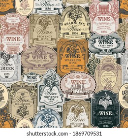 Seamless pattern with ornate hand-drawn wine labels in baroque style. Repeating vector background on the theme of wine and wineries. Suitable for vintage Wallpaper, wrapping paper, fabric