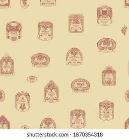 Patrón inmaculado con etiquetas de vino pintadas a mano ornamentadas sobre el fondo de papel antiguo de estilo vintage. Fondo vectorial repetible sobre una temática vitivinícola. Adecuado para papel de escritorio, papel de embalaje, tela