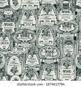 Patrón inmaculado con etiquetas de vino ornamentadas a mano de estilo barroco. Fondo de vector monocromo sobre el tema del vino y la bodega. Adecuado para tapicería vintage, papel de envoltura, tela